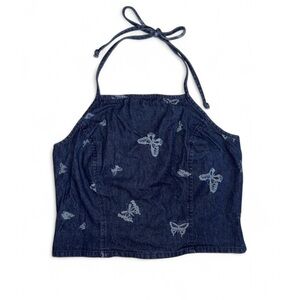 Vtg Just For Wraps Denim Butterfly Halter Crop Top Womens Large Y2K Blue Jean
